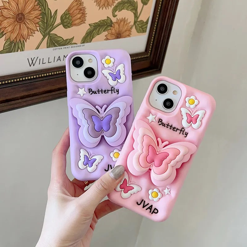 3D Cartoon Butterfly Flower Pop Stand Phone Case with Holder